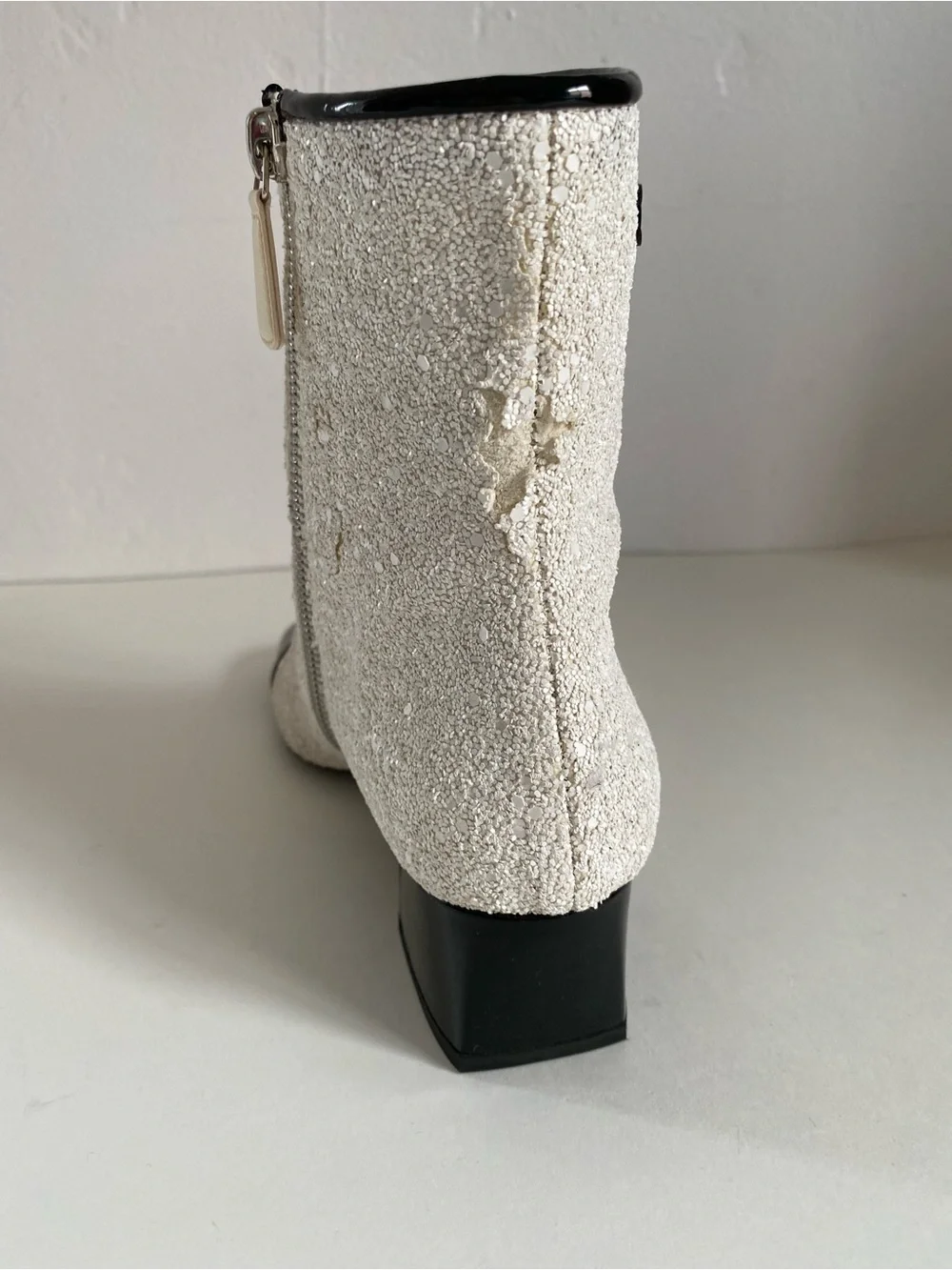 CHANEL White Sequin Ankle Boots with Black Cap Toe. Runway astronaut collection.